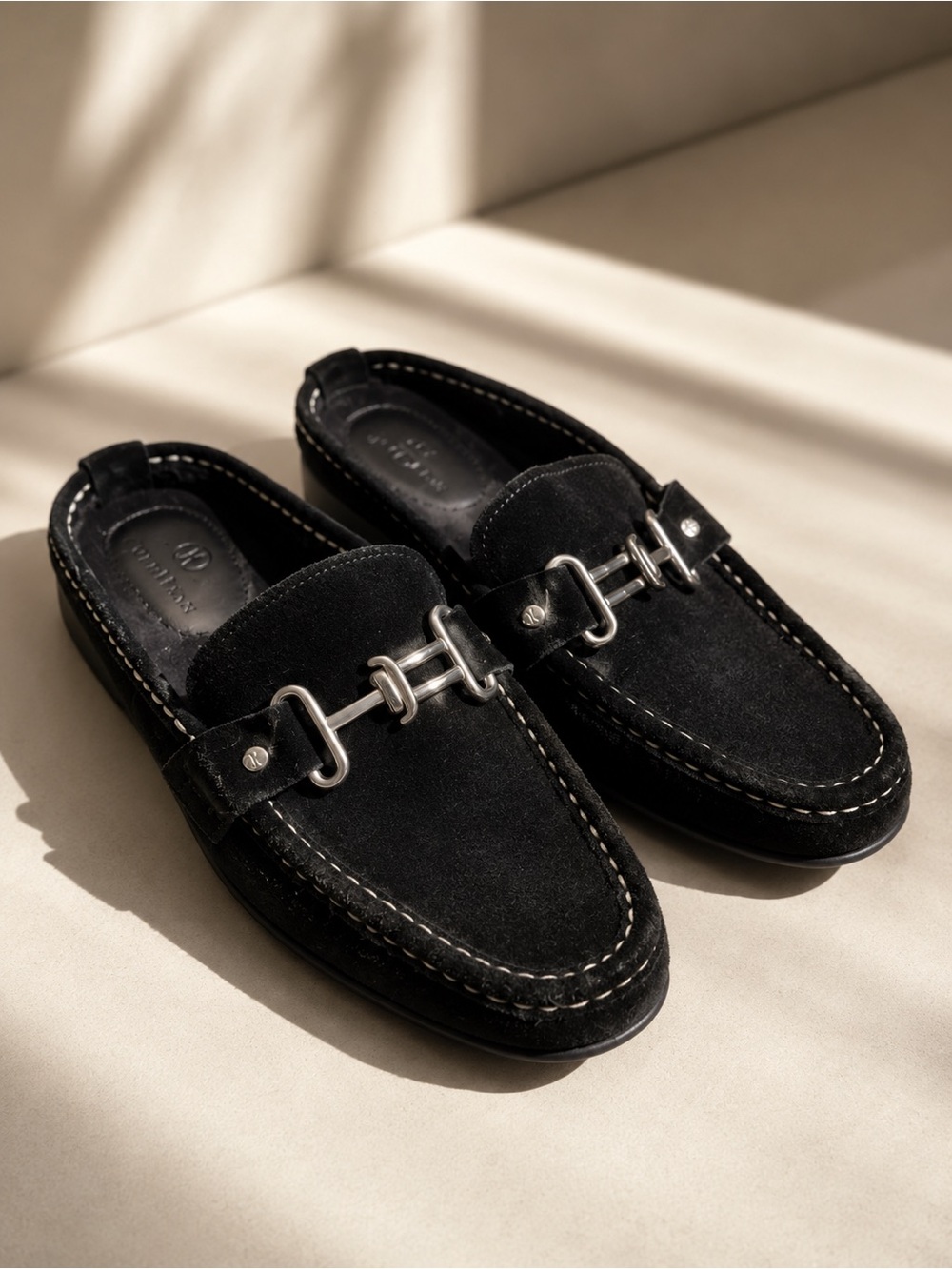 Cole Haan Black Suede Mule Loafers with Silver Hardware